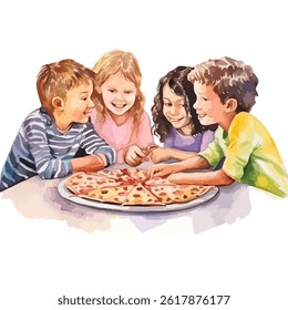 watercolor A group of friends sharing a big pizza	