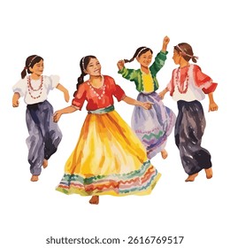 watercolor A group of people dancing in traditional dress
