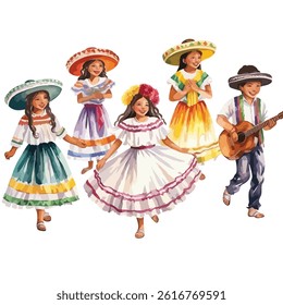 watercolor A group of people dancing in traditional dress