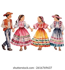 watercolor A group of people dancing in traditional dress