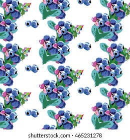 Watercolor growing blueberry pattern background. Vector fresh fruits branch 