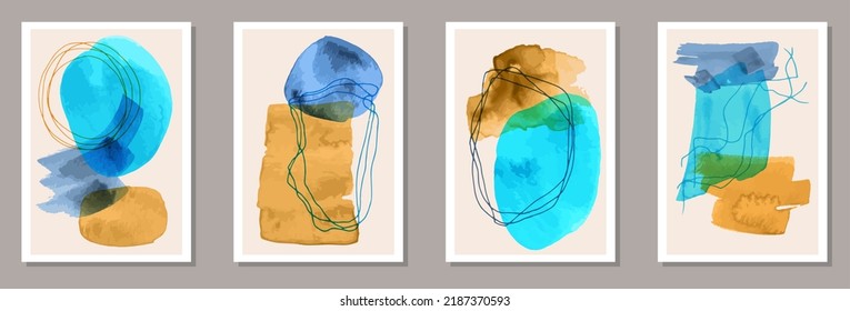 Juego de vectores de banners de color de agua. Patrones de manchas acuáticas. marcos de estilo de los años 50. Fresco diseño de afiches en la pared. Elementos de trazo de pincel.