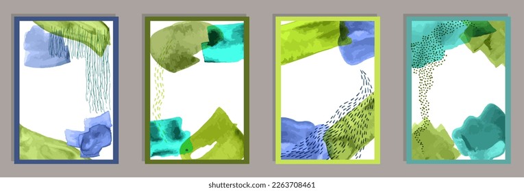 Watercolor grunge covers vector set. Watercolor blotches texture. 60s style frames. Cool house decor layouts. Scribble elements.