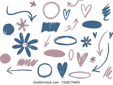 Watercolor grunge pencil handdrawn set of circles, brush strokes, hearts, arrows, spashes, ink stains. Ideal for print, stickers, graphic design, scrap booking and other creative projects.
