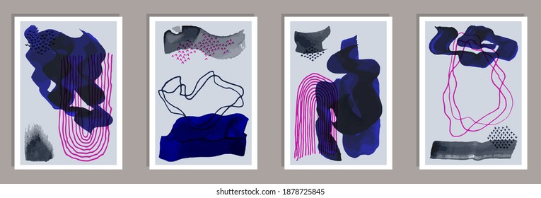 Colección vectorial de postales de color de agua grunge. Acuarela mancha fondo. Diseño de estilo de los años 20. Diseño elegante de carteles en la pared. Elementos Doodle.