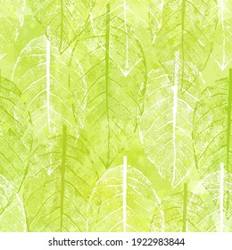 Watercolor grunge stylish vector seamless pattern with leaves in green colors. Splash design isolated on white background. Textile print, page fill, wrapping paper, web design