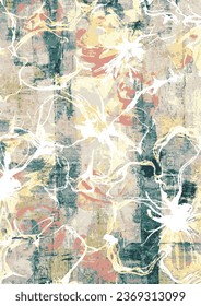 Watercolor grungy painted pattern with flower silhouette