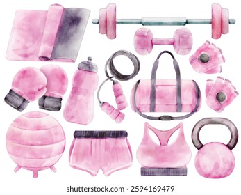 Watercolor Gym Equipment Illustration Set, Fitness, Workout, Dumbbell, Barbell, Kettlebell, Yoga Mat, Boxing Gloves, Sportswear, Jump Rope, Gym Ball, Hand Painted, Realistic