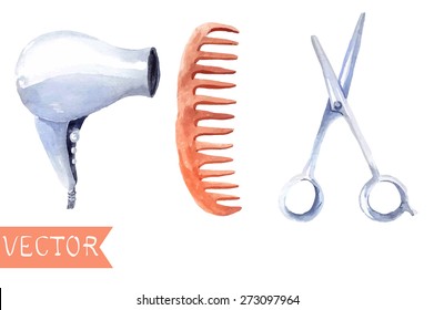 Watercolor hair dryers, scissors and comb set over white, Vector