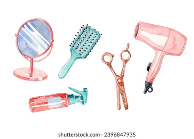 Watercolor hairdresser equipment elements collection