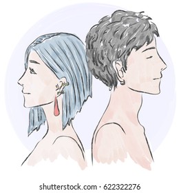 Watercolor half faces portraits of couple with piercings