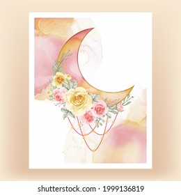 Watercolor half moon with yellow peach flower