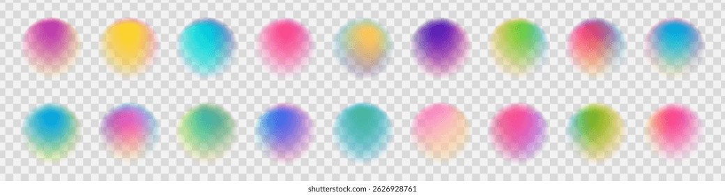 Watercolor halftone gradient mesh stains set, round shapes colorful brushes, vector illustration.