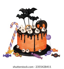 Watercolor Halloween cake with candies and sweets around. spooky Halloween celebration food