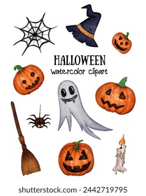 Watercolor Halloween collection, set elements design, ghost, pumpkin and witch hat