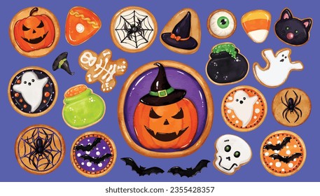 Las cookies de Halloween de color de agua establecen elementos vectoriales aislados. Coloridos y espeluznantes dulces de Halloween