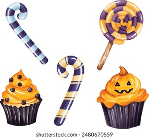 Watercolor Halloween cupcakes with candy set. spooky decorated muffins. Halloween food for holiday designs