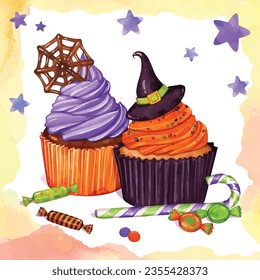 Watercolor Halloween cupcakes and candy sweets. Colorful Halloween food illustration with watercolor background