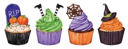 Watercolor Halloween Cupcakes Set. Spooky Decorated Muffins. Halloween Food For Holiday Designs