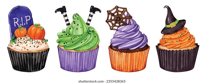 Watercolor Halloween cupcakes set. spooky decorated muffins. Halloween food for holiday designs