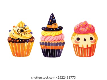 Aquarell Halloween Cupcakes Set. gespenstisch dekorierte Muffins. Halloween-Essen für Urlaubsdesigns