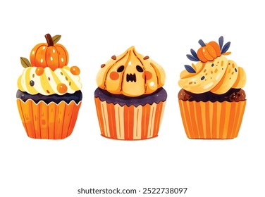 Watercolor Halloween cupcakes set. spooky decorated muffins. Halloween food for holiday designs