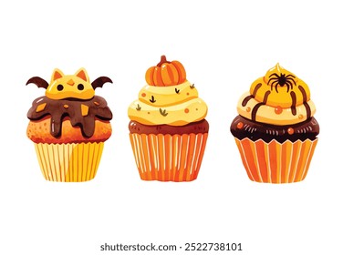 Watercolor Halloween cupcakes set. spooky decorated muffins. Halloween food for holiday designs