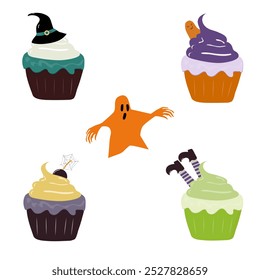 Watercolor Halloween cupcakes set. spooky decorated muffins. Halloween food for holiday designs