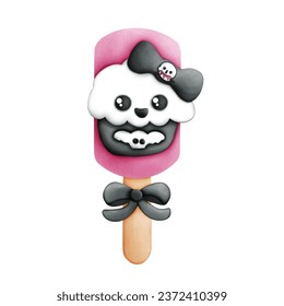 Watercolor halloween cute skulls and cup cake illustration in pink ice cream isolated on white background. 