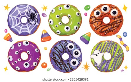 Watercolor Halloween donuts set. Colorful spooky Halloween food for holiday designs