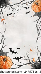 Watercolor halloween frame template. Halloween background with pumpkins, bat. 