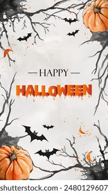 Watercolor halloween frame template. Happy halloween background with watercolor pumpkins and bat. 