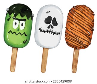 Watercolor Halloween ice cream popsicle kids treats isolated vector elements. spooky trick or treat snacks