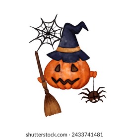 Watercolor Halloween pumpkin in hat with witch broom, vector kids illustration