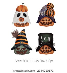watercolor halloween pumpkin with witch hat vector illustration