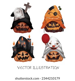 watercolor halloween pumpkin with witch hat vector illustration