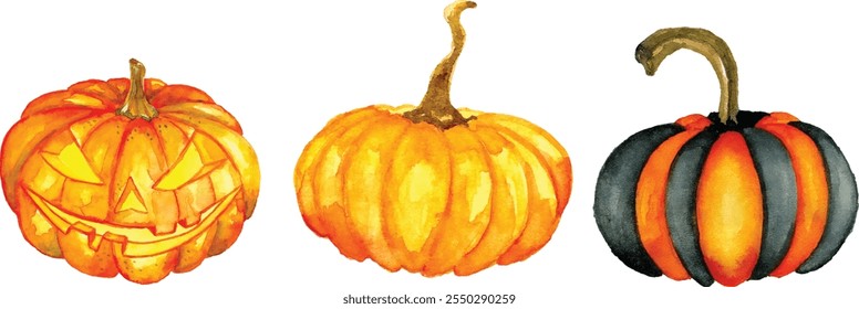 Watercolor Halloween set. Hand drawn holiday illustrations isolated on white background: natural and decorative pumpkins with spider web. Artistic autumn decor clip art