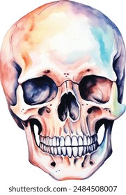 Watercolor Halloween Set, human skull profile and facet