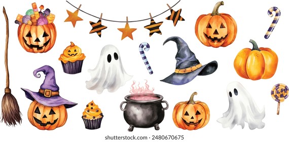 watercolor halloween set of isolated hats, bats and pumpkins on the white background