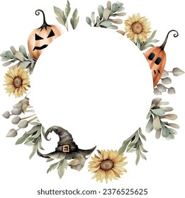 Watercolor halloween sunflowers wreath template vector design