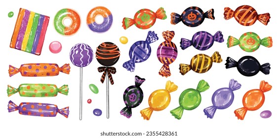 Watercolor Halloween sweet treats set. Candies and snacks. Colorful candy set isolated on a white background