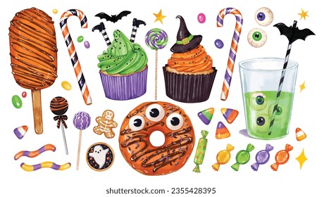 Watercolor Halloween sweets and food isolated elements set. trick and treat candies, spooky desserts cupcakes, donuts lollipops and candy cane