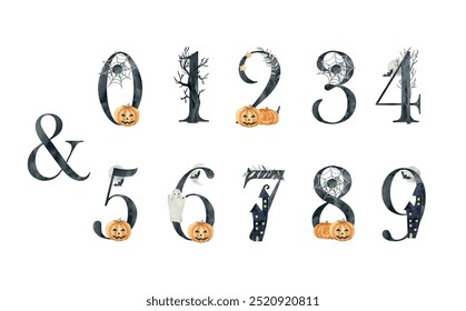 Watercolor halloween vector numbers for invitations, greeting card, birthday, logo, poster.