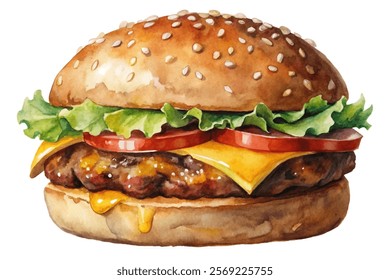 Watercolor hamburger illustration, fresh ingredients, vibrant colors, delicious fast food, culinary art, appetizing design.