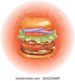 Watercolor Hamburger with Meat, Cheese, Lettuce and Tomatoes Graphics 02