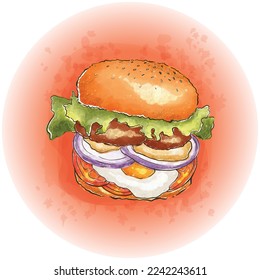 Watercolor Hamburger with Meat, Cheese, Lettuce and Tomatoes Graphics 03