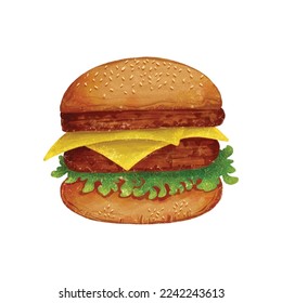 Watercolor Hamburger with Meat, Cheese, Lettuce and Tomatoes Graphics 13