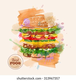 Watercolor Hamburger or Sandwich. Fast Food sketch