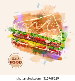 Watercolor Hamburger or Sandwich. Fast Food sketch