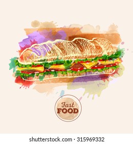 Watercolor Hamburger or Sandwich. Fast Food sketch